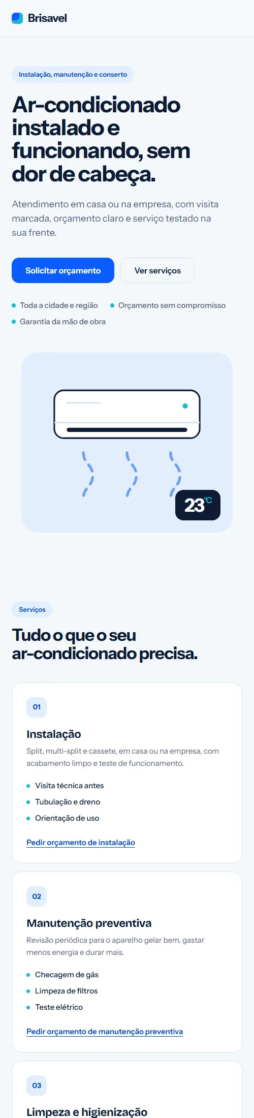 Versão para celular do site de demonstração Brisavel