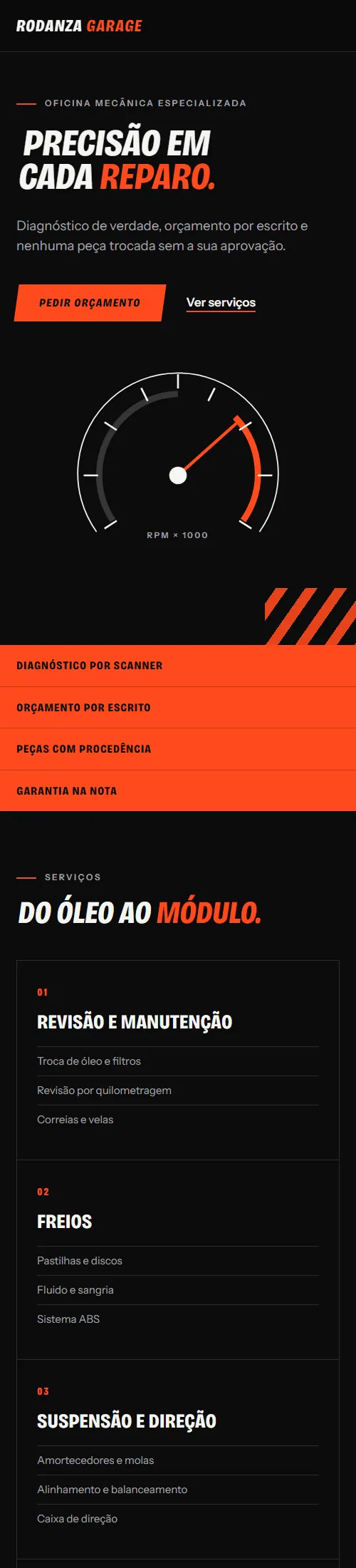 Versão para celular do site de demonstração Rodanza Garage